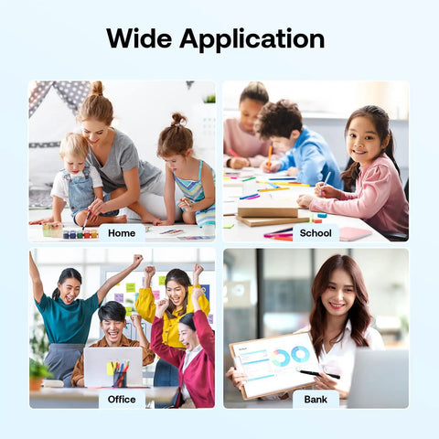 Collage showing four settings for wide application of tools: home, school, office, and bank with people engaged in activities.