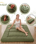Japanese Floor Mattress Twin Roll Up Futon with Portable Storage Bag and Washable Cover Thick Tatami Mat in use on floor
