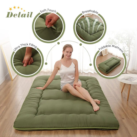 Japanese Floor Mattress Twin Roll Up Futon with Portable Storage Bag and Washable Cover Thick Tatami Mat in use on floor