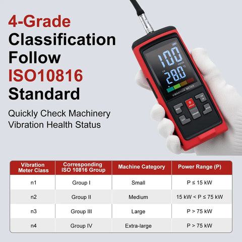 3 In 1 Digital Vibe Meter With Magnetic And Long Probes For ISO 10816 Analysis Tracks Acceleration Up To 199.9 Meters Per Second Squared Velocity Up To 199.9 Millimeters Per Second Displacement Up To 1.999 Millimeters Temperature 0 To 40 C in hand