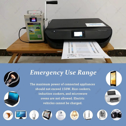 Portable Hand Crank Emergency Generator for Outdoor Survival On The Go with 150W Dynamo Power next to a printer on table