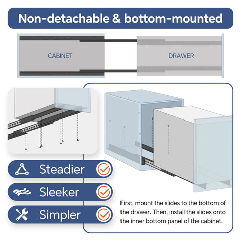 Undermount Heavy Duty Drawer Slides 16 Inch 260 Lb Load Capacity Bottom Mount installation diagram
