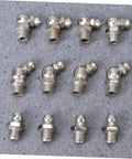 Grease Fitting Kit 45 Piece Metric Zerk Assortment For Easy Lubrication With Straight And 90 Degree Fittings Steel Construction on gray background