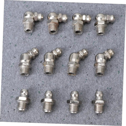 Grease Fitting Kit 45 Piece Metric Zerk Assortment For Easy Lubrication With Straight And 90 Degree Fittings Steel Construction on gray background