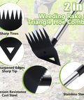 Dual Head Weed Puller Tool With Long Handle And Garden Hoe Rake Combo For Uprooting Weeds, stainless steel handle, garden background