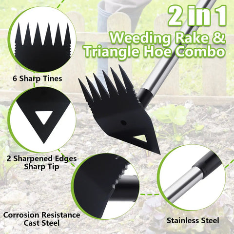 Dual Head Weed Puller Tool With Long Handle And Garden Hoe Rake Combo For Uprooting Weeds, stainless steel handle, garden background