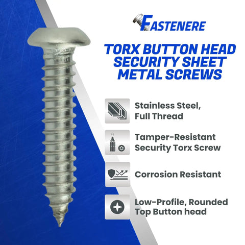 No Sweat Installation Heavy Duty Torx Security Sheet Metal Screws Number 10 X 1 Inch Button Head, Tamper Resistant with low-profile head.
