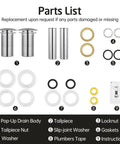 Parts list for Pop Up Drain Without Overflow For Vessel Sinks, 2 Pack Polished Chrome Stopper, All Metal Rustproof Brass And 304 Stainless Steel