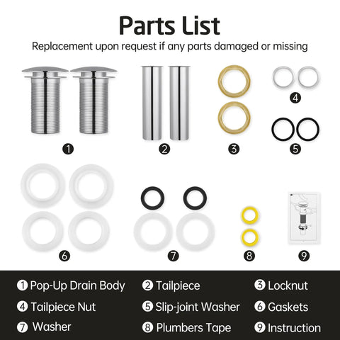Parts list for Pop Up Drain Without Overflow For Vessel Sinks, 2 Pack Polished Chrome Stopper, All Metal Rustproof Brass And 304 Stainless Steel
