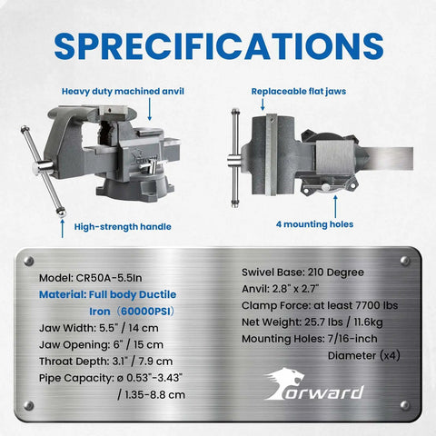 Specifications of Beefy 5.5 Inch Bench Vise With Anvil And 210 Degree Swivel Base, Heavy Duty Clamp Up To 7700 Lbs, 6 Inch Jaw Opening