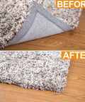 Before and after of rug with Eight Pack Double Sided Rug Tape For Hardwood Floors And Tile, Reusable Non Slip Grip Tape.