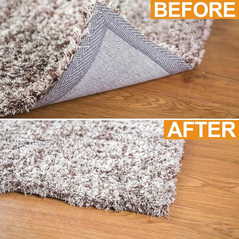 Before and after of rug with Eight Pack Double Sided Rug Tape For Hardwood Floors And Tile, Reusable Non Slip Grip Tape.