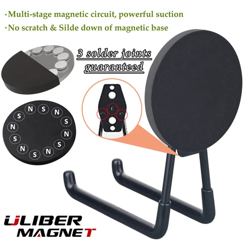 Heavy Duty Magnetic Tool Hooks Set, 2 Pack Neodymium Hangers showing parts and secure design, black color on white background.
