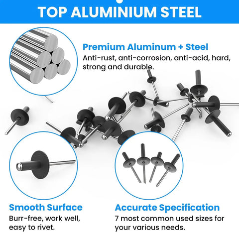 250 Piece Aluminum Pop Rivets Kit With 7 Sizes Large Flange Rivets with smooth surface and accurate specification details