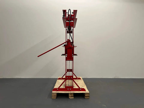 Heavy Duty High Capacity Dual Speed Hydraulic Shop Press providing smooth fast and slow pump action, red metal construction, vertical view.