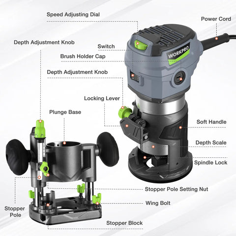Diagram of Compact Router Combo Kit With Fixed Base And Plunge, 6.5 Amp Power, Six Speed Range Up To 32000 RPM showing parts