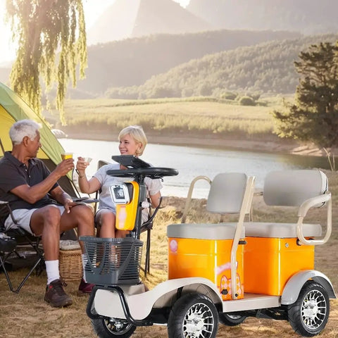 Haoweih 4 Passenger Electric Golf Cart For Adults And Seniors, 20 Mile Range, 440 Lb Capacity, Low Speed Lsv For Neighborhood, Retirement Community, And Golf Course With 650W Ac Motor And Led Display, parked by a lakeside with two adults.
