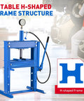 10 Ton Hydraulic Press With Heavy Duty H Frame, Adjustable Worktable And Steel Plate Kit displayed in a garage setting.