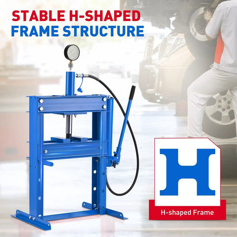 10 Ton Hydraulic Press With Heavy Duty H Frame, Adjustable Worktable And Steel Plate Kit displayed in a garage setting.