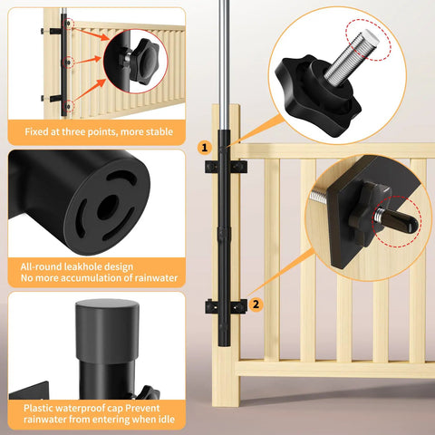Heavy Duty Patio Umbrella Holder For Deck Railings Stainless Steel Windproof Base detail, attached to wooden deck railing.