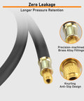 Close-up view of Heavy Duty Half Inch HVAC Vacuum Hose, 6 Ft Long, with brass fittings and black charge hose for AC service.