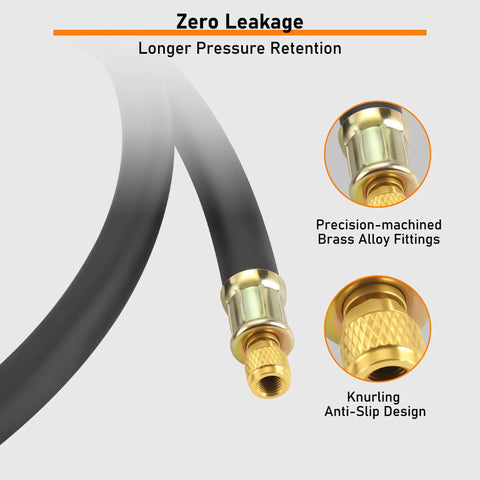 Close-up view of Heavy Duty Half Inch HVAC Vacuum Hose, 6 Ft Long, with brass fittings and black charge hose for AC service.