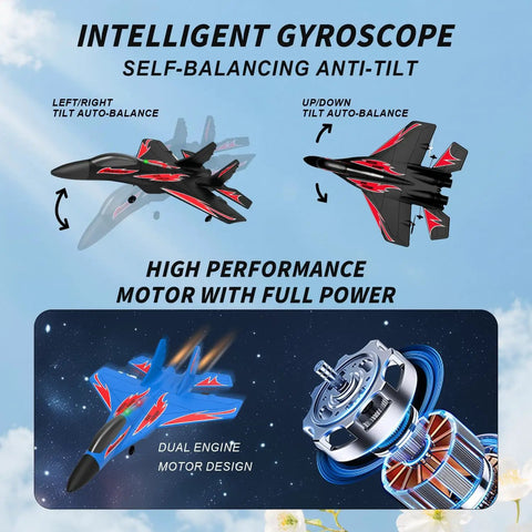 Foam Remote Control RC Planes 2CH 2.4Ghz Awesome Fighter Jet With Lights showing dual-engine motor design and anti-tilt feature.