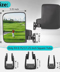 Universal No Drill Golf Cart Side Mirror Set With Folding Design 180 Degree Adjustable HD Glass Fits EZGO Yamaha Club Car And More 0.75 To 1.25 Inch Square Tube Frames Easy Mount shown with size dimensions and tube fit guide.