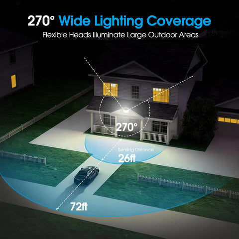Extra Bright Solar Motion Sensor Flood Lights For Outdoors 318 LEDs 600LM IP67 illuminating house at 270 degrees