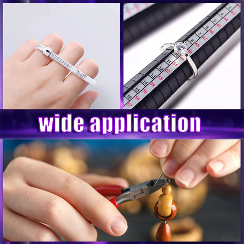 Hands using pliers and ring sizer from 1466 Piece Jewelry Making Kit With Tools, Pliers, Ring Sizer And Jump Rings For Necklace And Bracelet Crafting, 40 Styles Findings Set For DIYers And Hobbyists.