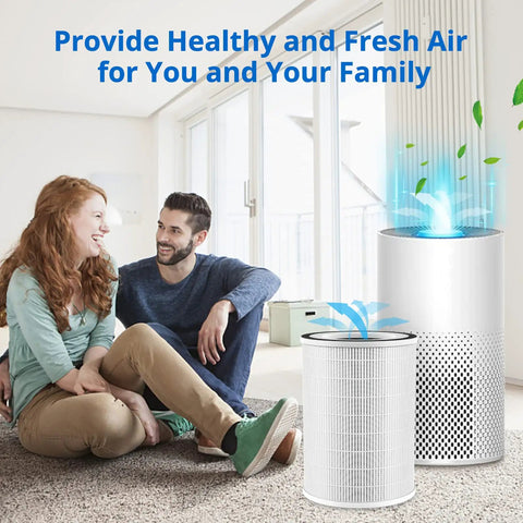 Couple sitting in living room with Air Purifier Filter Replacement for Afloia and Morento Models, HEPA 13 Three-Stage Filtration, 2 Pack