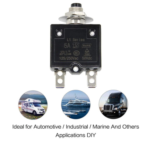 Single Pole Push Button Circuit Breaker 125 To 250V AC 50V DC 5A Manual Reset Thermal Protector L1 for automotive and marine.
