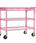 Rock Solid Heavy Duty Pink Metal Rolling Cart With Three Roomy Shelves And Smooth Rolling Wheels in side view with durable construction.