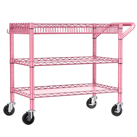 Rock Solid Heavy Duty Pink Metal Rolling Cart With Three Roomy Shelves And Smooth Rolling Wheels in side view with durable construction.