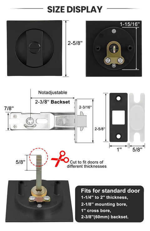 Dope Matte Black Square Pocket Door Lock Kit With Hardware For 2-1/8 Inch Bore, Fits 1-1/4 To 2 Inch Thick Sliding Doors, 2-3/8 Inch Latch