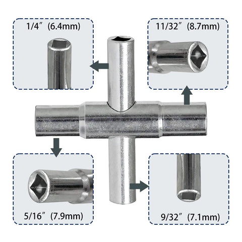 4 Way Sillcock Key Wrench Set For Faucets And Valves, Lifesaver Water Access Tool For Emergencies, four steel sizes displayed