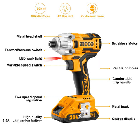 20V Cordless Brushless Impact Driver Set with 1/4 Inch Drive showing design features and labeled components, high torque