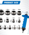 Pro Grade 13 Size Hollow Punch Kit For Leather Rubber Plastic And Gasket Easy Grip Handle sizes with blue handle.