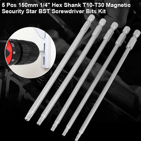 Huge Deal on These 5 Piece Screwdriver Bits With Long 150mm Shafts Perfect For Reaching Tight Spots In Your Car Or Home Project And The Magnetic Tips Make Them Super Handy For Any Job You Got Gonna Love These. 5pc 150mm S2 steel magnetic security star bits T10-T30