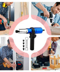 Cordless Drill Rivet Attachment Kit For Automotive Metal Aluminum Projects, center blue adapter with various tool components.