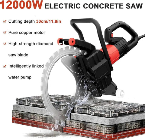 12000W Wall Chaser Concrete Cutter With 16 Inch Electric Ring Saw cutting through stone with water fed dust suppression.