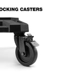 Close-up of locking caster on Beefed Up Four Wheel Cart And Tool Box Dolly For StackTech Toolboxes And Organizers With Heavy Duty Rolling Base Locking Casters Tie Down Points And Automatic Lock System.
