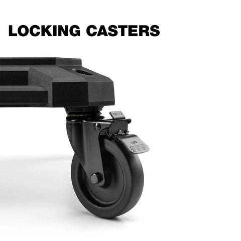 Close-up of locking caster on Beefed Up Four Wheel Cart And Tool Box Dolly For StackTech Toolboxes And Organizers With Heavy Duty Rolling Base Locking Casters Tie Down Points And Automatic Lock System.