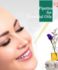 Woman using 25 Pack Plastic Dropper Pipettes 3 Ml Disposable Eye Dropper Set for essential oils with visible flowers and oil