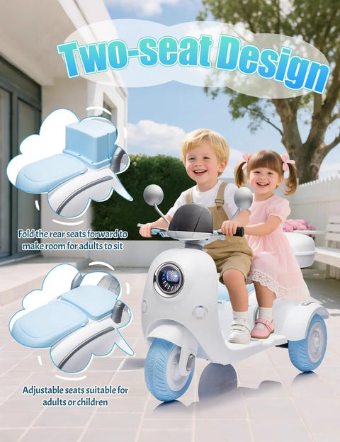 2 Seat Kids Motorcycle Ride On Toy With 12V Dual Motors 3 Wheel Electric Bike For Kids Ages 3 And Up With USB Bluetooth Lights