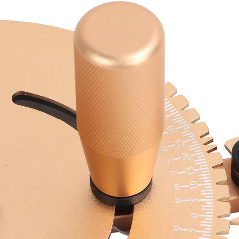 Close-up of Adjustable Aluminum Miter Gauge Featuring Rock Solid Angle Lock and Smooth As Butter Gliding Track for precise cuts.