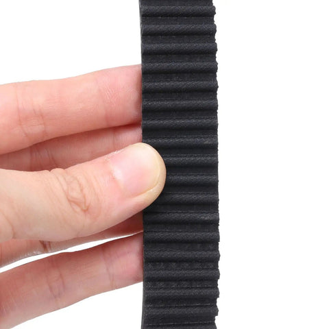 Two Pack Beefy HTD5M Rubber Timing Belt, 50 Teeth, 250mm Pitch, 15mm Wide, 3.6mm Thick, held by hand showing teeth detail