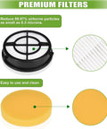Black and yellow Bissell filters for Pet Hair Eraser Vacuum, 1650 series, showing HEPA and foam filter detail, reduces 0.3 microns.