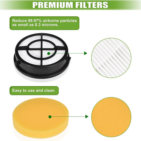 Black and yellow Bissell filters for Pet Hair Eraser Vacuum, 1650 series, showing HEPA and foam filter detail, reduces 0.3 microns.