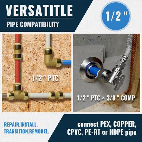 Heavy Duty Brass Push To Connect Plumbing Fittings Kit Half Inch No Solder Easy Install For PEX Copper CPVC